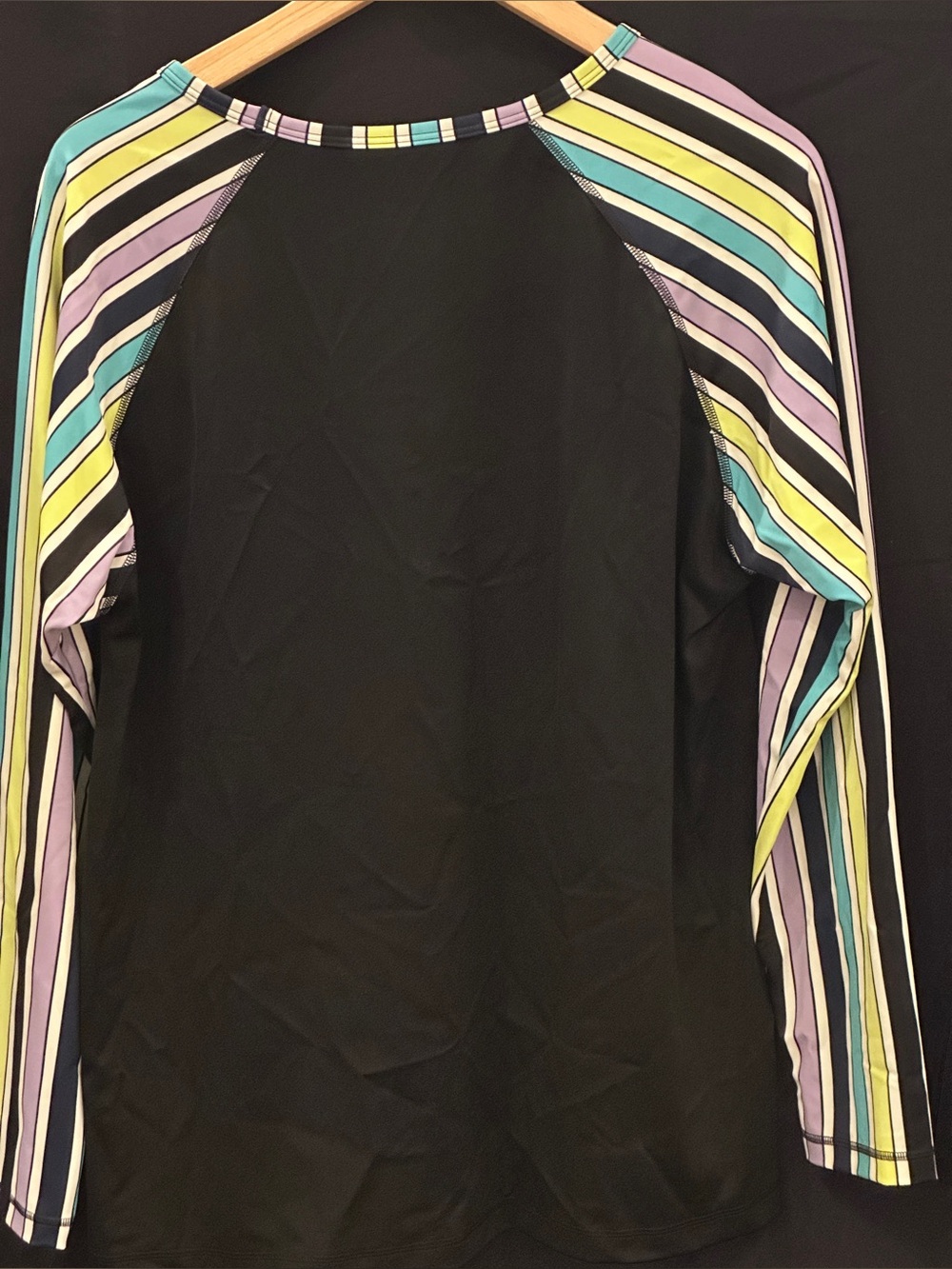 Cacique Swim Black Rash Guard with Pastel Multi-Stripe Sleeves - Picture 2 of 4